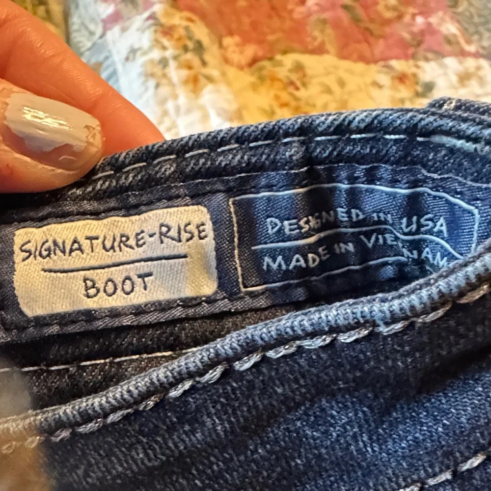 Miss Me Dark Blue Embroidered Bootcut Jeans with Gold Accents - Picture 10 of 12